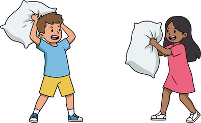 Happy children having a pillow fight, a boy and a girl playfully hitting each other with pillows, a fun indoor activity.