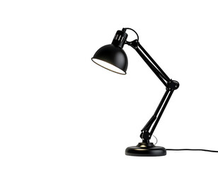 Matte black desk lamp with adjustable arm, dome shade, and circular base, illuminated against a black background