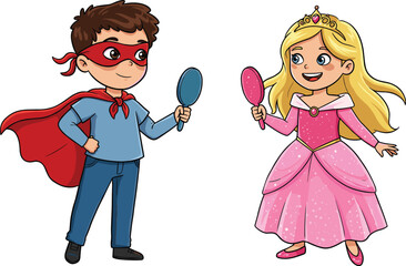 Children dressed as a superhero and a princess, looking in mirrors and playing pretend, celebrating childhood imagination and fantasy. © Creative World
