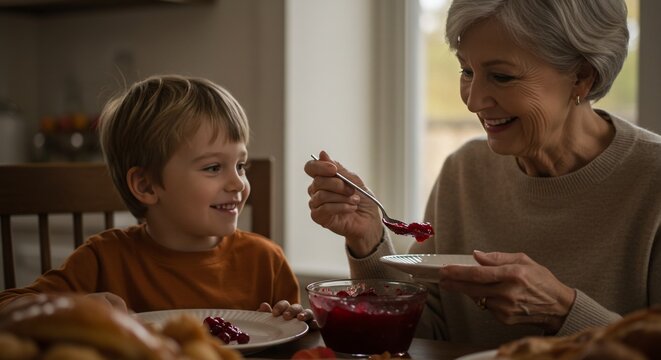 A tender moment of intergenerational bonding as a loving grandmother feeds her happy grandson during a family meal