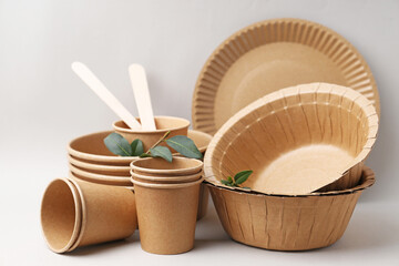 Set of disposable tableware and green leaves on light grey background, closeup