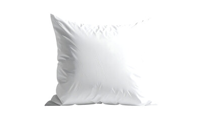 A pristine white square pillow, subtly wrinkled, sits against a black background.  Its simple design suggests comfort and minimalism