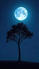 Fototapeta premium Serene Moonlight Silhouette Lone Tree Branch Against Bright Night Sky, Evoking Peace and Tranquility, Perfect for Nature, Meditation, and Spiritual Projects