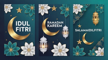 Three islamic greeting cards with moons, flowers, stars, and lanterns on a teal background