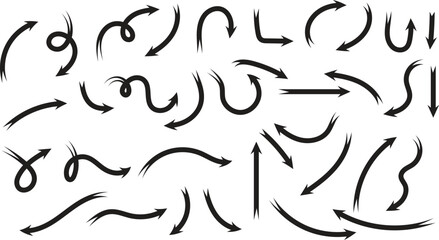 Collection of handdrawn arrow icons with a sketchy, organic feel, isolated on a clean white background, showcasing diverse shapes and directions for design elements and navigation indicators