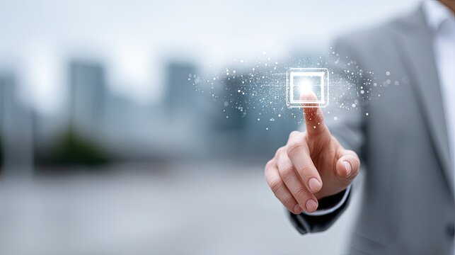 Businessman Touches Virtual Hologram Against Blurred Cityscape Background Wearing Gray Suit Jacket and White Shirt with Index Finger Up Pointing - Powered by Adobe