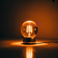 Illuminated edison style bulb in a glass sphere casting a warm glow on a reflective surface