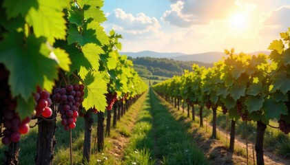 Naklejka premium Sun-drenched Grapevines in Picturesque Vineyard Lush Green Leaves, Ripening Grapes Hanging Heavy, Tranquil Agricultural Scene of Scenic Beauty