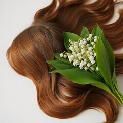 Auburn hair with waves and a bouquet of lily of the valley on a white surface in a studio shot