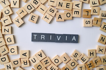 Trivia word in wooden cube blocks, fun facts concept, quiz and knowledge game idea, entertainment and learning theme