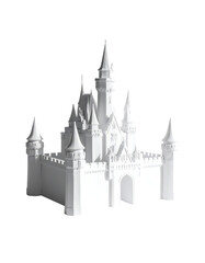 A miniature, monochrome, stylized castle model; intricate details, pointed towers, arched entryway