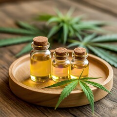 Three bottles of cbd oil on a wooden tray with cannabis leaves in the background on a wooden surface