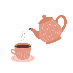 A mug, saucer, and teapot with a decorative pattern. Vector illustration with a custom ceramic tableware concept.