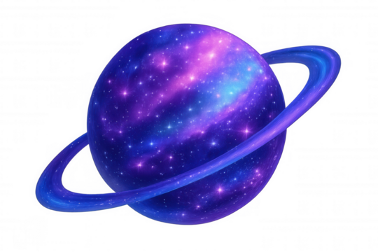 Cosmic ringed planet filled with bright galaxy, shining stars, and nebulae, space exploration concept