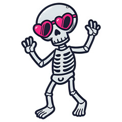 Fototapeta premium A cute skeleton wearing heart-shaped sunglasses, dancing | funny cartoon zombie | funny cartoon character | funny cartoon zombie with mask | funny cartoon man | cartoon heart with a big smile | funny 