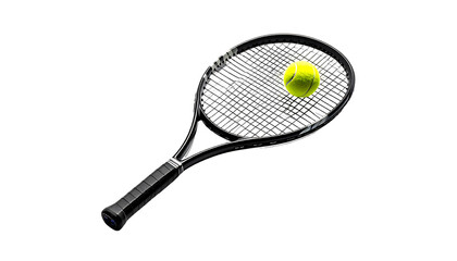 A black tennis racquet rests at an angle, a yellow tennis ball poised within its strings against a stark black background.  Water droplets cling to the racquet's frame
