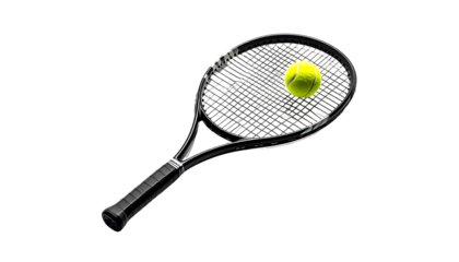 A black tennis racquet rests at an angle, a yellow tennis ball poised within its strings against a stark black background.  Water droplets cling to the racquet's frame