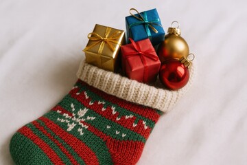 Festive Christmas Stocking Filled with Colorful Presents and Ornaments, a Holiday Celebration Still Life