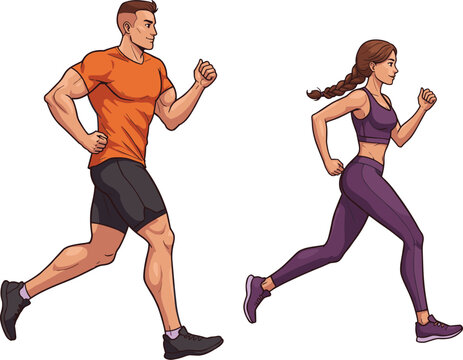 A man and a woman running together, a young athletic couple jogging in sports clothing, an active lifestyle and healthy fitness concept.