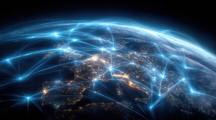 Global Network Connection: Abstract Digital Lines Connecting Cities on Earth, Representing Worldwide Communication and Technology