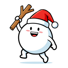 Cute Snowman Cartoon Character Wearing a Santa Hat and Holding a Stick