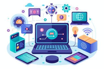 Modern digital workspace showing artificial intelligence technology with holographic data analytics and virtual dashboards. A professional working on a laptop surrounded by futuristic AI visualization