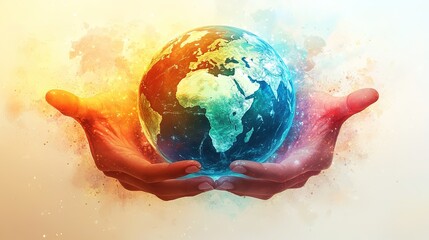 Hands Holding Glowing Earth in Warm Colors with Soft Light, Vibrant Uplifting Poster Style