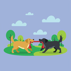 A cartoon illustration depicts two dogs, one golden and one black, playing tug-of-war with a red rope in a park-like setting under a blue sky with fluffy clouds.
