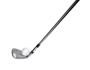 Close-up of a golf club's head poised to strike a golf ball, showcasing its metallic sheen and the club's angled shaft