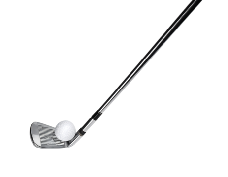 Close-up of a golf club's head poised to strike a golf ball, showcasing its metallic sheen and the club's angled shaft