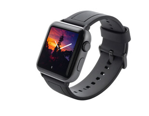 A dark gray smartwatch with a landscape photo on its screen, worn on a matching band, angled to showcase its design and features