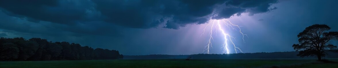 Dramatic Stormy Sky Over Landscape Heavy Rain, Lightning, and Windswept Trees