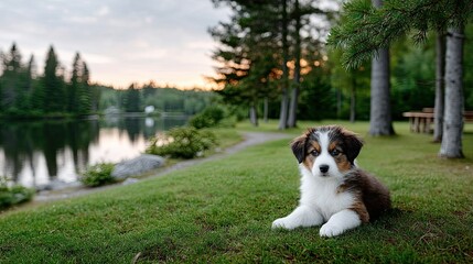 Brown White Puppy on Lush Green Grass Near Lake at Sunset