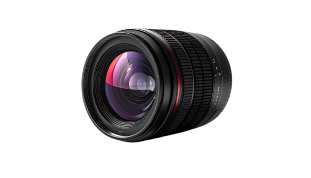 A sleek, black camera lens with a red accent ring, showcasing its multi-element construction and large front element, isolated against a pure black background - Powered by Adobe