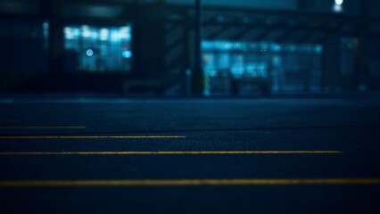 A quiet urban street stretches into the distance, dimly lit by nearby shopfronts. The yellow lines glow softly under the night sky, evoking a sense of solitude and intrigue.