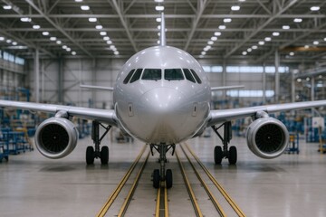 Commercial Airplane in Hangar for Maintenance Checks and Repair, Front View, Aviation Industry Concept