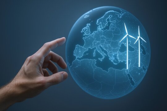 Sustainable Energy Future: Hand Touching Digital Globe Displaying Wind Turbines in Europe, Representing Clean Power