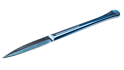 Sleek, slender, blue-tinged knife with a pointed blade and a subtly curved handle.  The metallic sheen suggests a high-quality finish