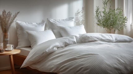 Serene Bedroom Interior with White Bedding, Natural Light, and Minimalist Decor for Relaxation