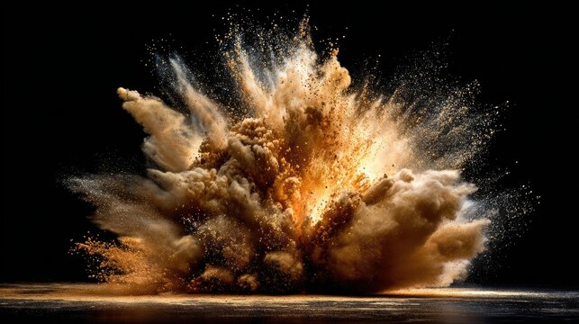 Golden dust explodes dramatically in a cloud against a stark black background. Use for concepts like explosions, power, magic, or sudden impactful changes.