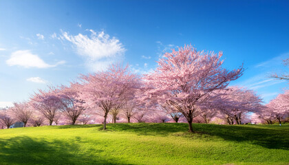 Obraz premium Sakura Trees Against The Blue Sky And Grass