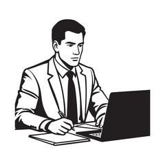 Black and white line art of a hardworking man at office desk with laptop and documents minimalist illustration