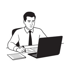 Black and white line art of a hardworking man at office desk with laptop and documents minimalist illustration