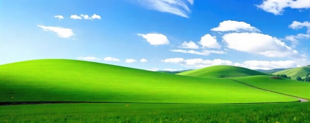 Serene landscape of rolling green hills under a clear blue sky; perfect for relaxation and escaping daily pressures A tranquil scene promoting peace and calm , yoga, restorative, quiet