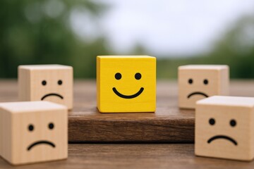 Optimism and Positivity Concept: Happy Face Wooden Block Surrounded by Sad Faces on Table