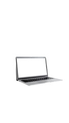 A silver laptop with a blank white screen sits angled slightly to the left against a black background