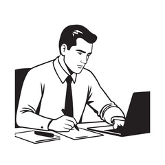 Black and white line art of a hardworking man at office desk with laptop and documents minimalist illustration