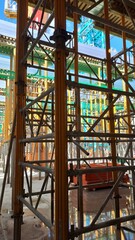 Construction site with scaffolding and building framework