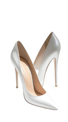 Pair of elegant, off-white, pointed-toe stiletto heels, glossy finish, slightly angled