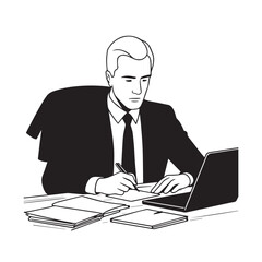 Black and white line art of a hardworking man at office desk with laptop and documents minimalist illustration